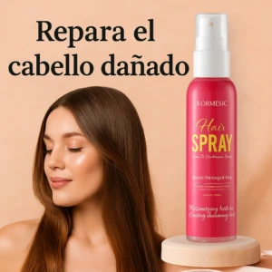 Repara el cabello dañado con spray acondicionador Kormesic, ideal para hidratación y volumen.