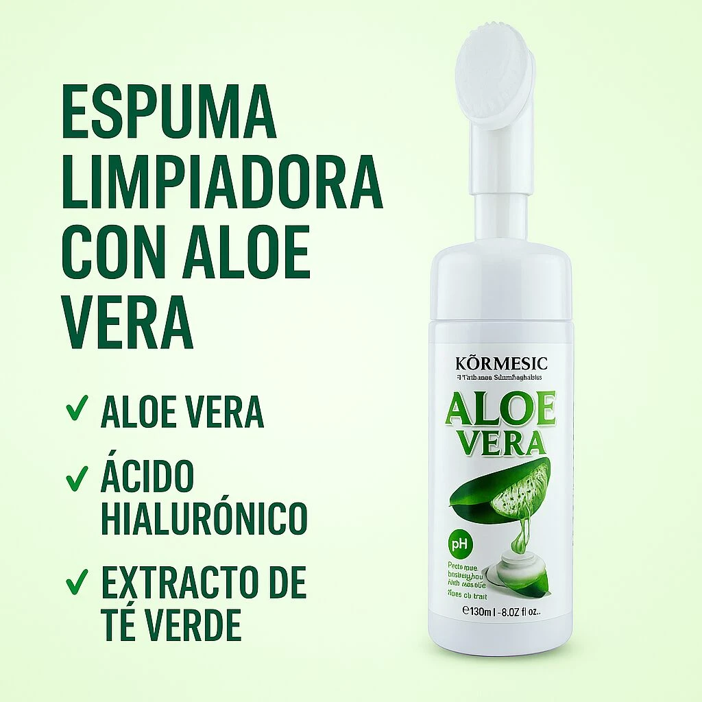 Espuma limpiadora facial Kórmesic con aloe vera, ácido hialurónico y extracto de té verde, botella blanca con dispensador.