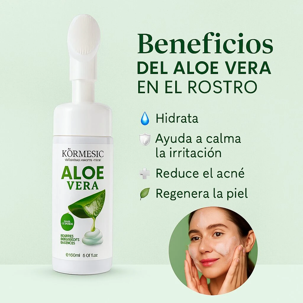 Espuma facial hidratante con aloe vera Kormesic, limpia y regenera la piel, 160ml.