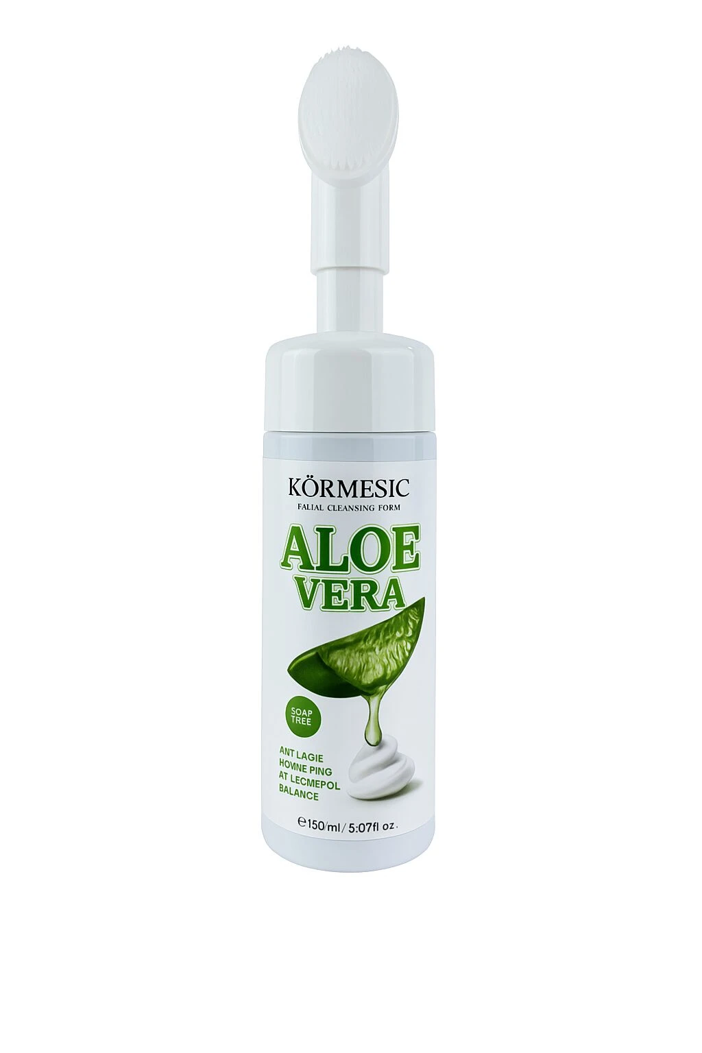 Espuma facial limpiadora Kormesic con aplicador de cepillo, envase blanco con diseño de aloe vera.