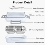 Lonchera eléctrica premium con cubiertos, compartimentos, base de calentamiento y luz indicadora de energía.