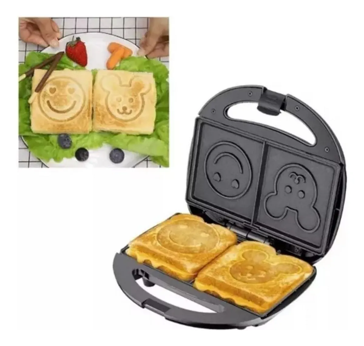 Sanduchera de figuras: sándwiches con cara feliz y oso.