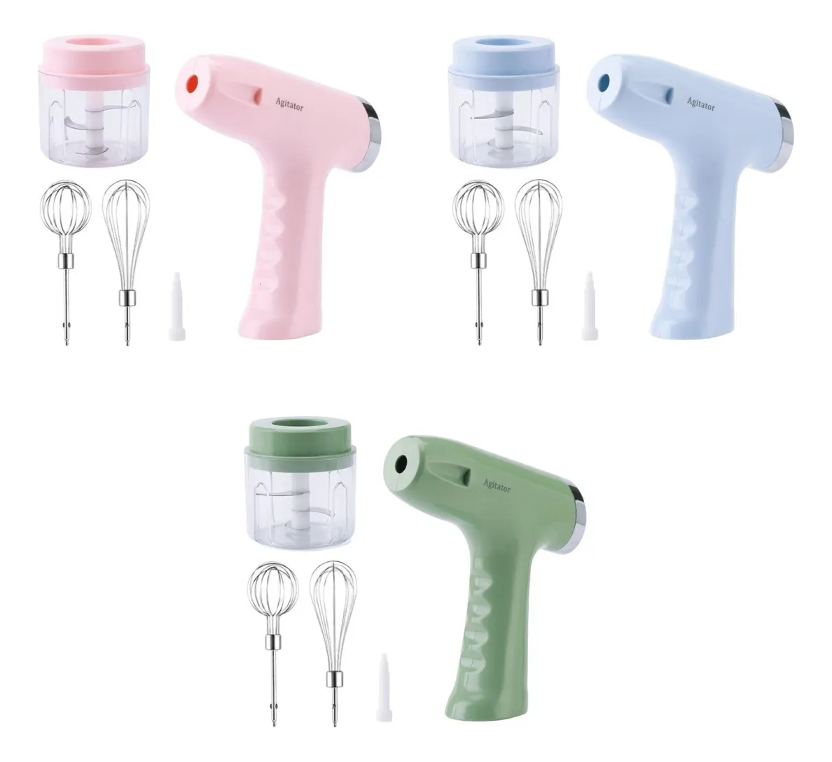 Mini batidora picador eléctrico inalámbrico disponible en rosa, azul y verde, incluye batidores y picador.