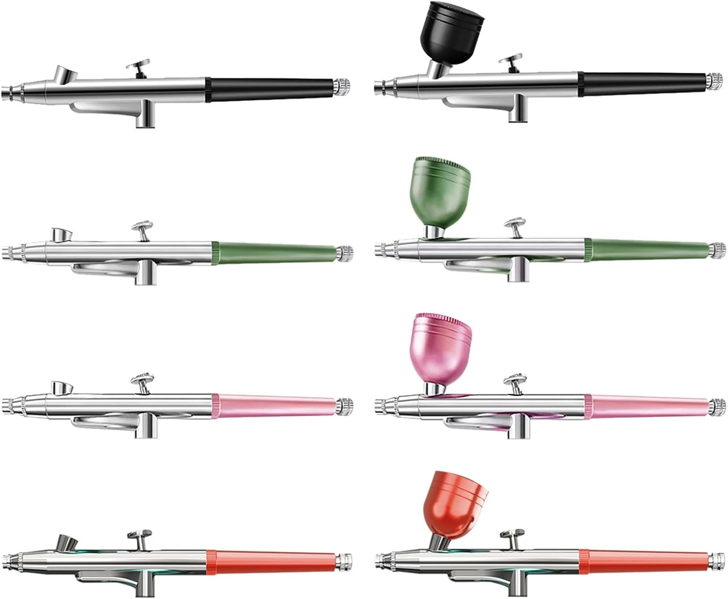 Aerógrafos portátiles profesionales con depósito y mango de diferentes colores: negro, verde, rosa y rojo.