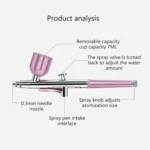 Aerógrafo profesional rosa metálico 0.3 mm con detalles técnicos: capacidad 7ml, boquilla fina y ajuste de atomización.