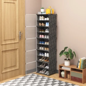 Zapatero organizador de 10 niveles con estantes para zapatos y perchero integrado.