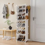 Zapatero organizador de 10 niveles con perchero, ideal para entrada o closet.