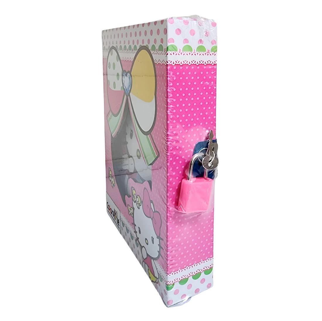 Libreta diario privado Hello Kitty rosa con candado y llaves, decorada con puntos y moños.