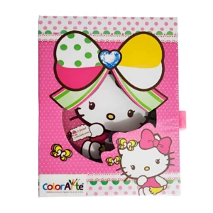 Agenda Hello Kitty rosa con lazo grande y dos dibujos de Hello Kitty, uno emergente.