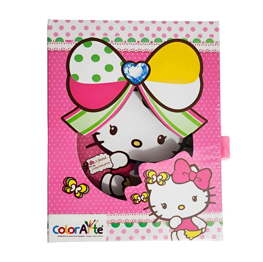 Agenda Hello Kitty rosa con lazo grande y dos dibujos de Hello Kitty, uno emergente.
