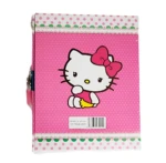 Agenda Hello Kitty rosa con patrón de puntos, cierre de candado y diseño de personaje.