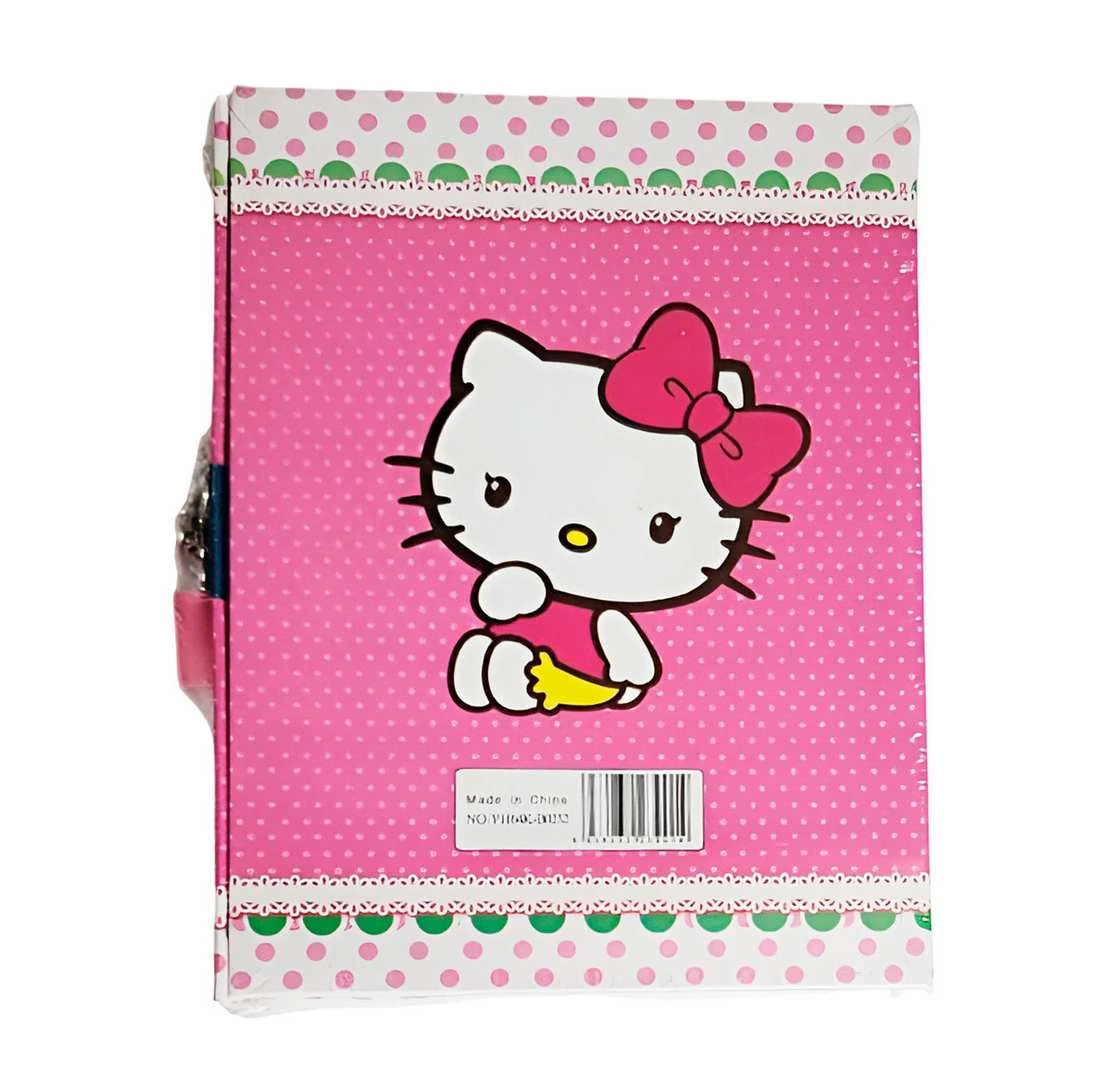 Agenda Hello Kitty rosa con patrón de puntos, cierre de candado y diseño de personaje.