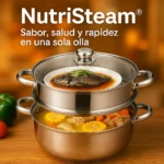 Olla vaporizadora doble Nutristeam® de acero inoxidable, cocinando pescado al vapor y estofado.