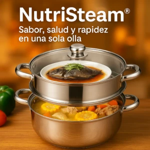 Olla vaporizadora doble Nutristeam® de acero inoxidable, cocinando pescado al vapor y estofado.
