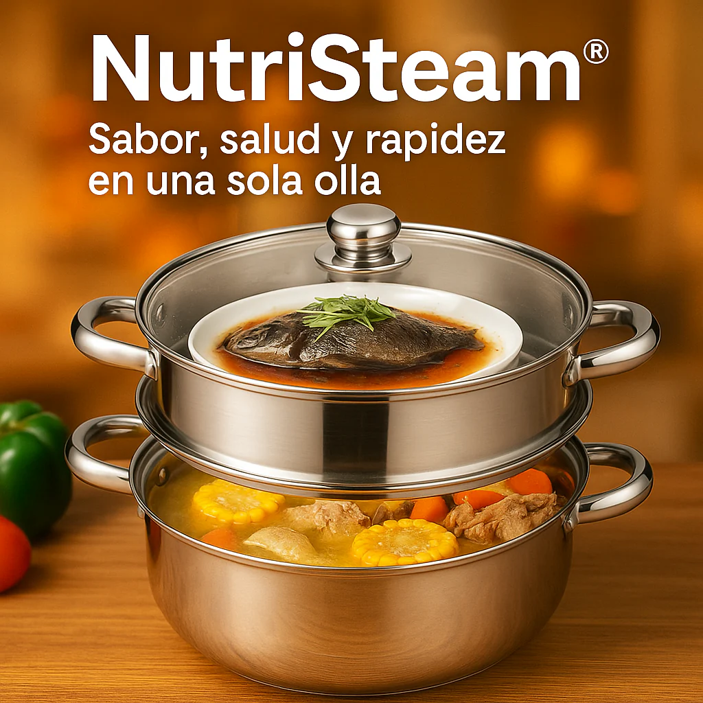 Olla vaporizadora doble Nutristeam® de acero inoxidable, cocinando pescado al vapor y estofado.