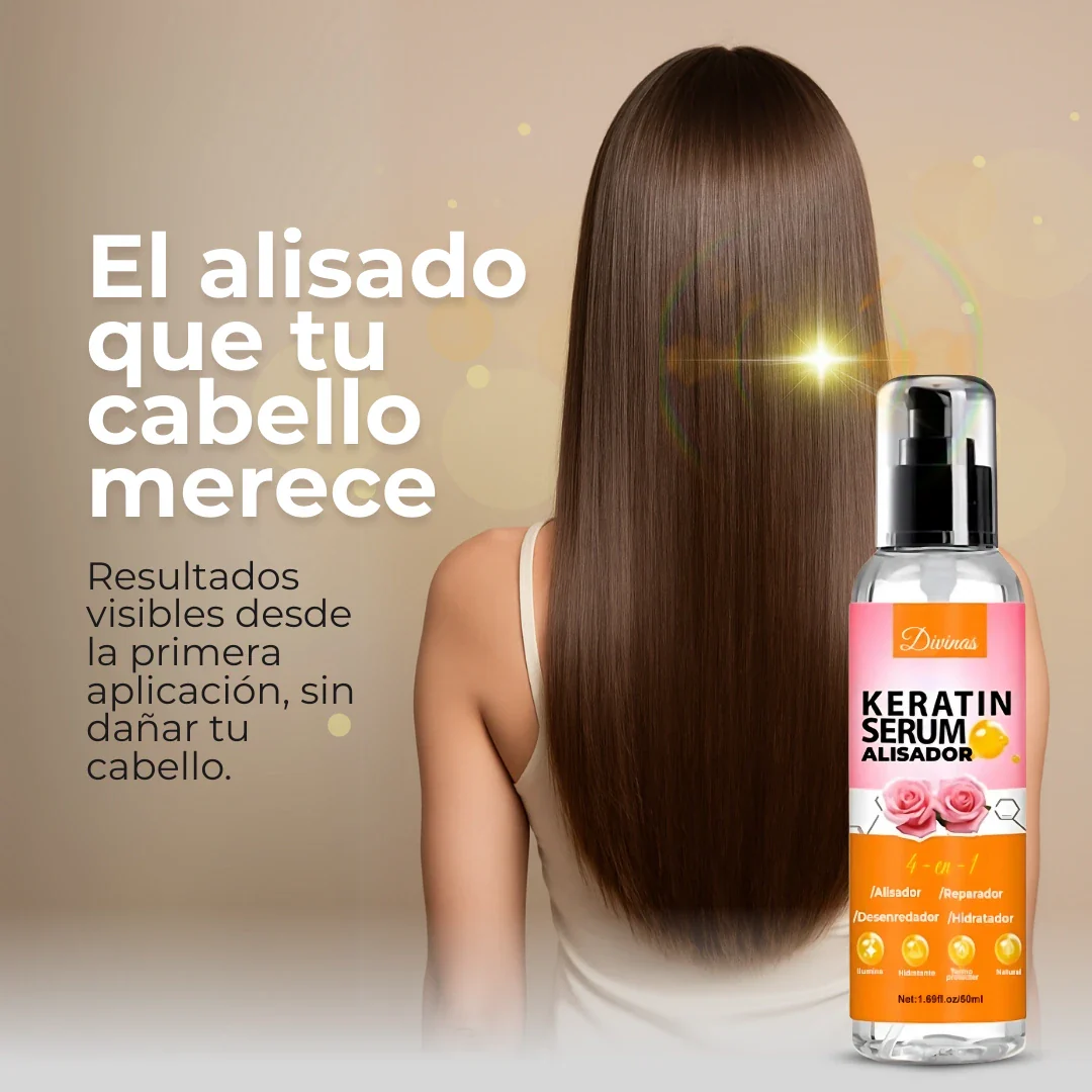 Serum Keratina Alisador Divinas 60ml, cabello liso y brillante, con rosas y limón.