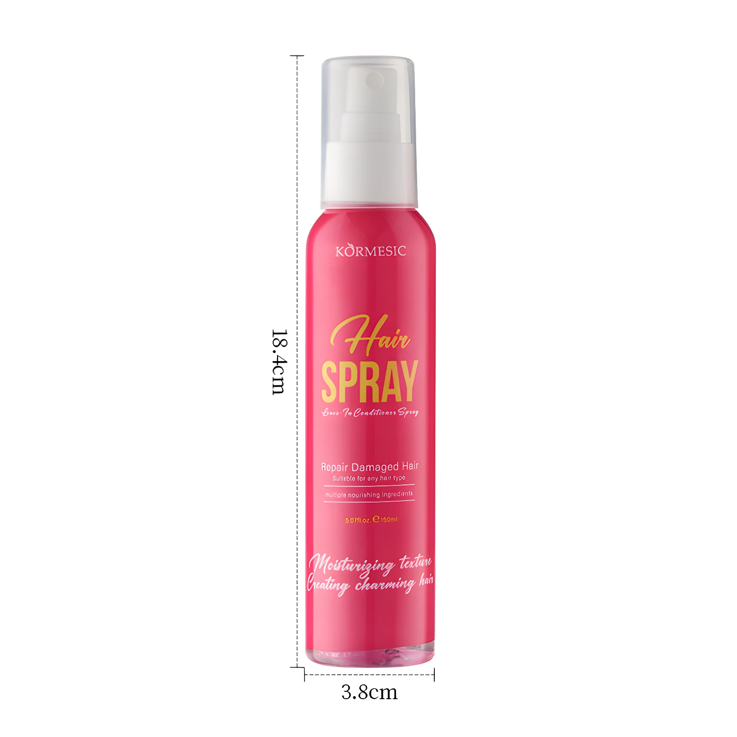 Acondicionador y reparador en spray sin enjuague, en botella rosa vibrante con detalles dorados, para cabello dañado.