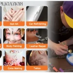 Aerógrafo inalámbrico portátil pintando zapatilla blanca con detalles azules, mostrando usos variados.