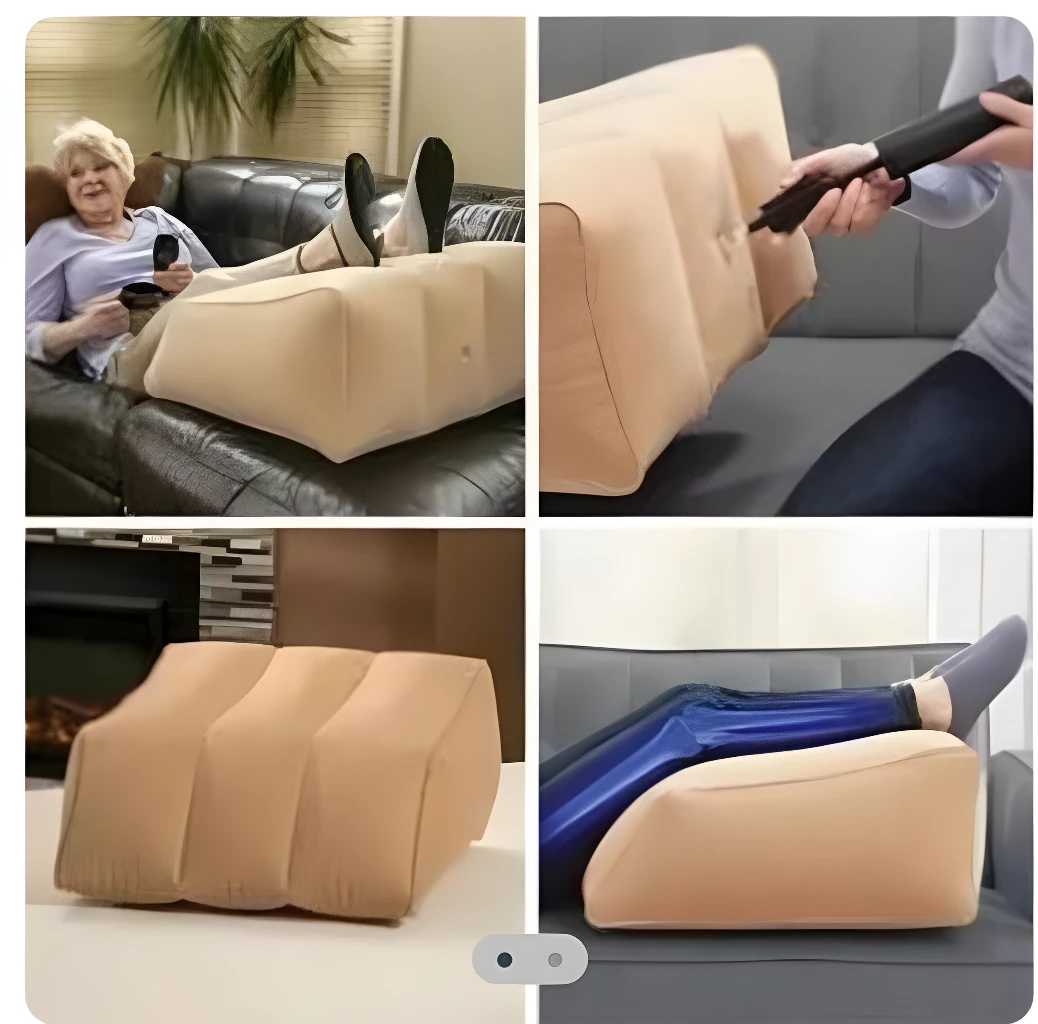 Almohada inflable beige para elevar piernas, cómoda y portátil, ideal para reposar.