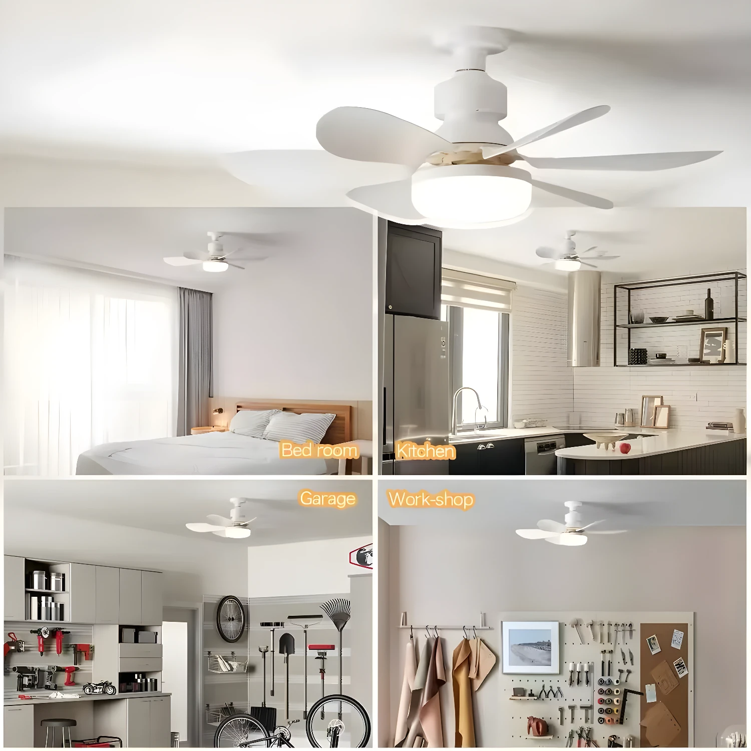 Bombillo ventilador E27 blanco con luz led integrado, instalado en dormitorio, cocina, garaje y taller.