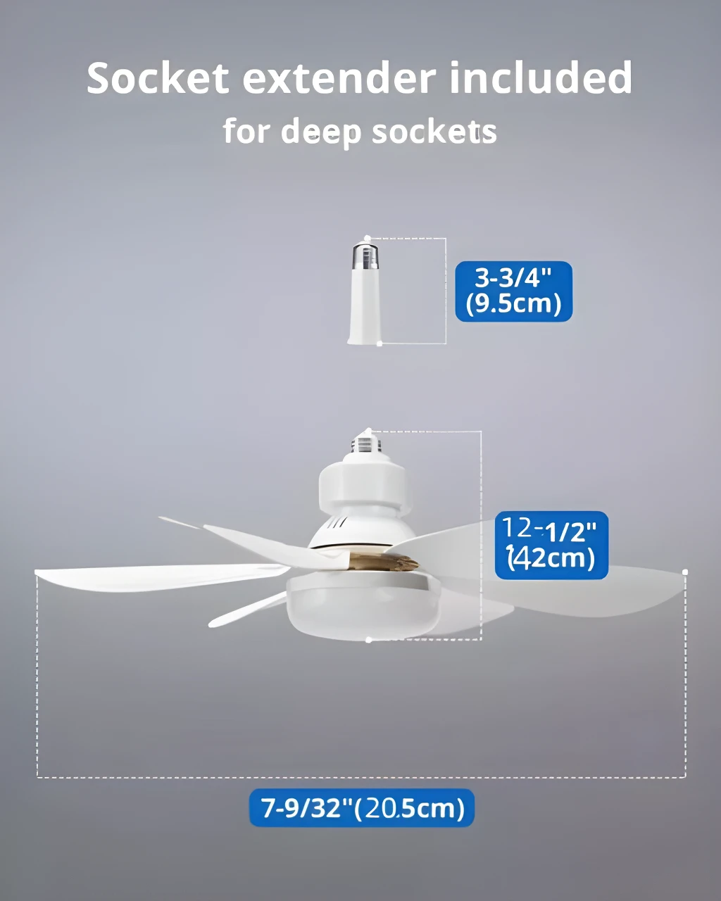 Bombillo ventilador blanco con extensión incluida, mide 20.5cm de diámetro.