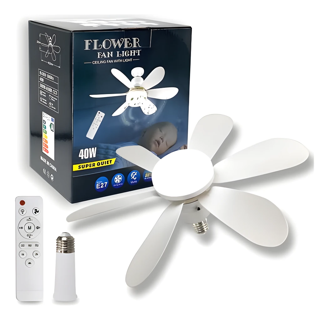 Bombillo ventilador E27 blanco, 40W super silencioso, incluye control remoto y bombilla LED.