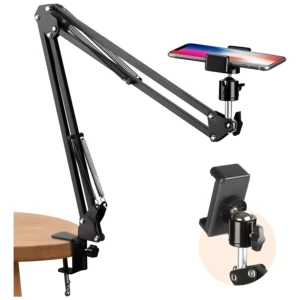 Brazo articulado negro para celular/tablet con soporte de mesa y rótula ajustable.