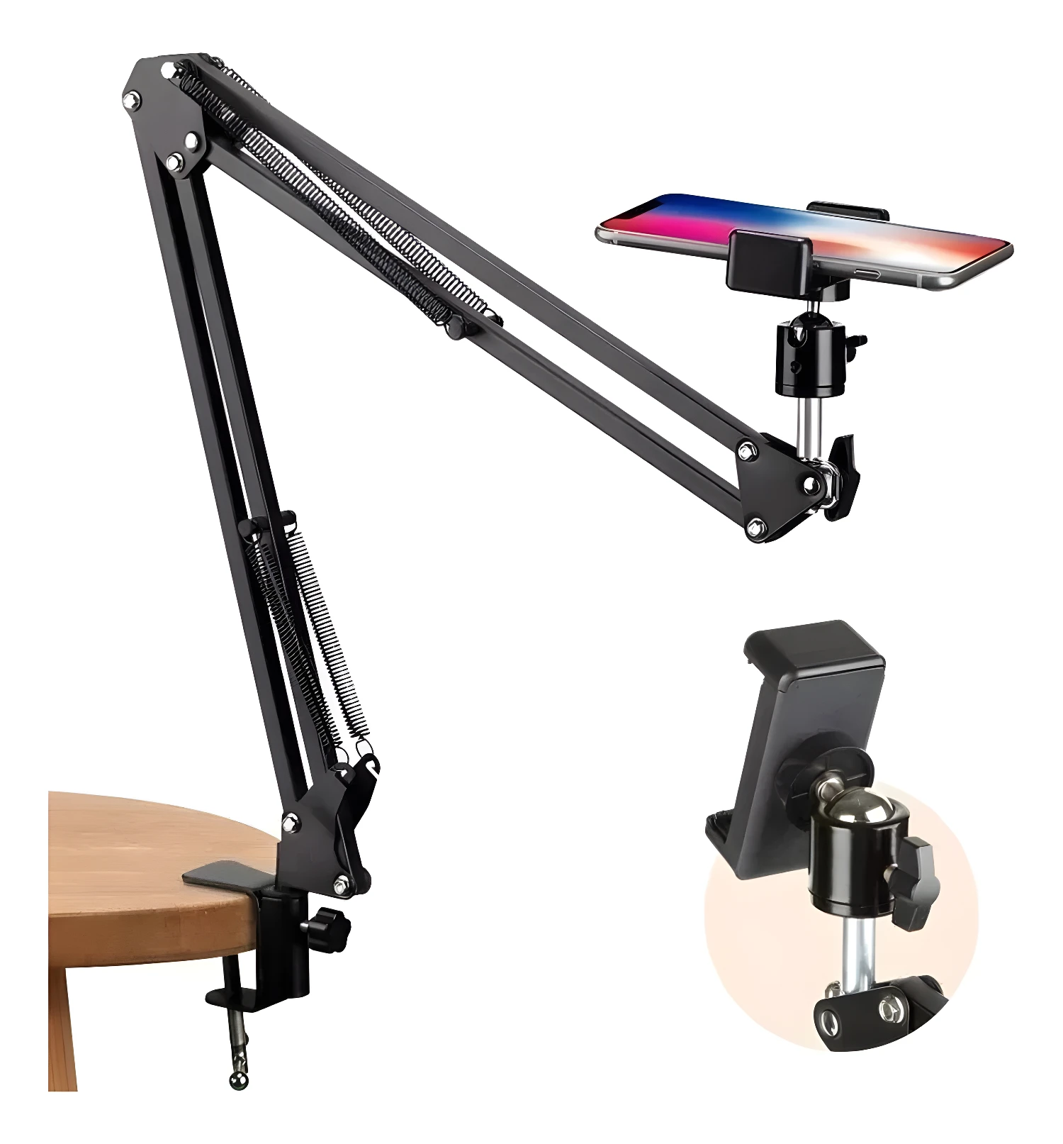 Brazo articulado negro para celular/tablet con soporte de mesa y rótula ajustable.