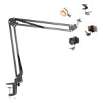 Brazo soporte negro ajustable para celular, tablet y cámara, con base abrazadera.