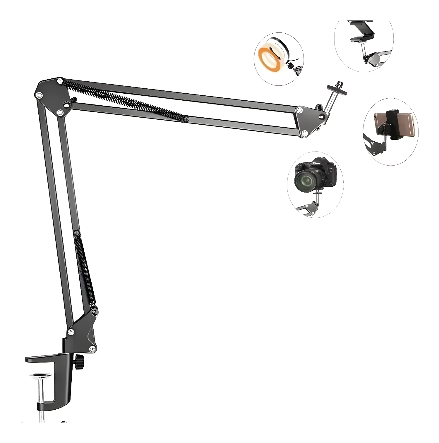 Brazo soporte negro ajustable para celular, tablet y cámara, con base abrazadera.