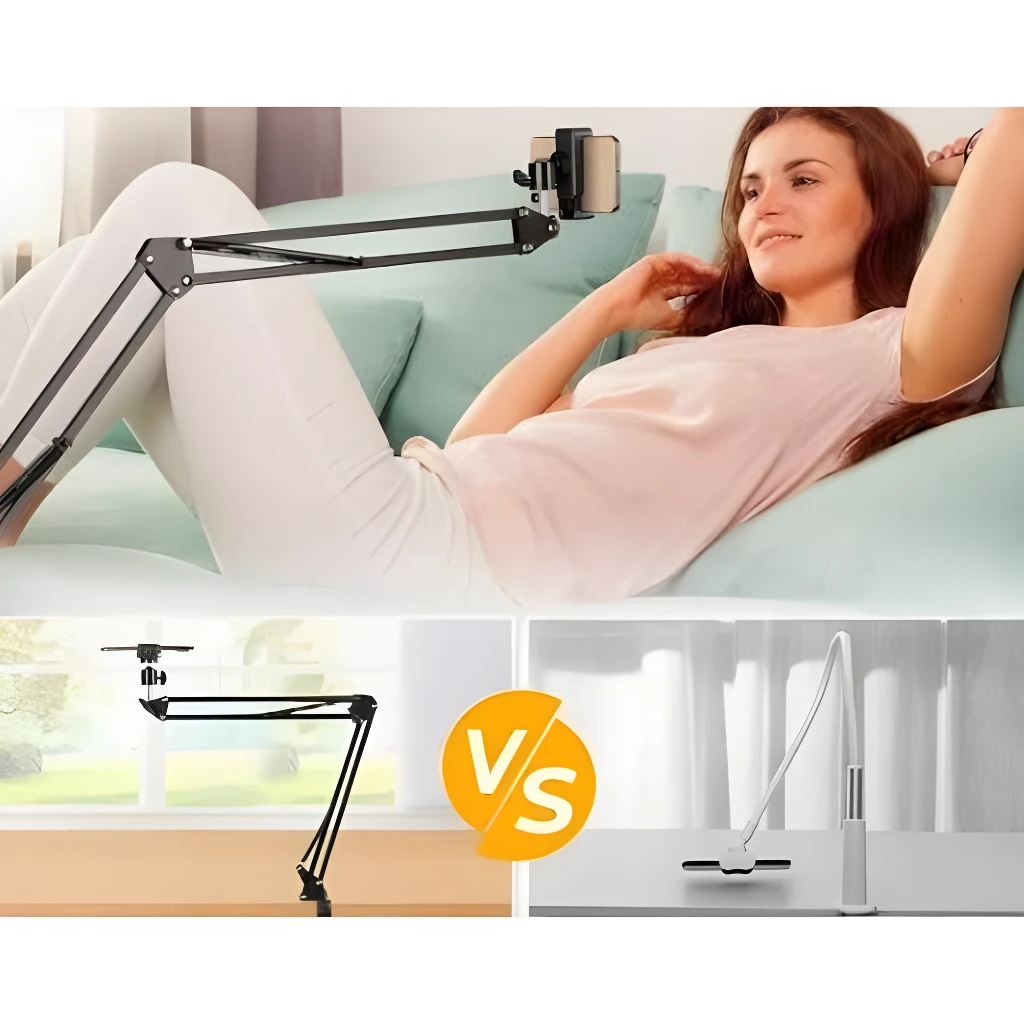 Brazo soporte celular negro articulado en uso con mujer recostada y comparación con otro modelo.