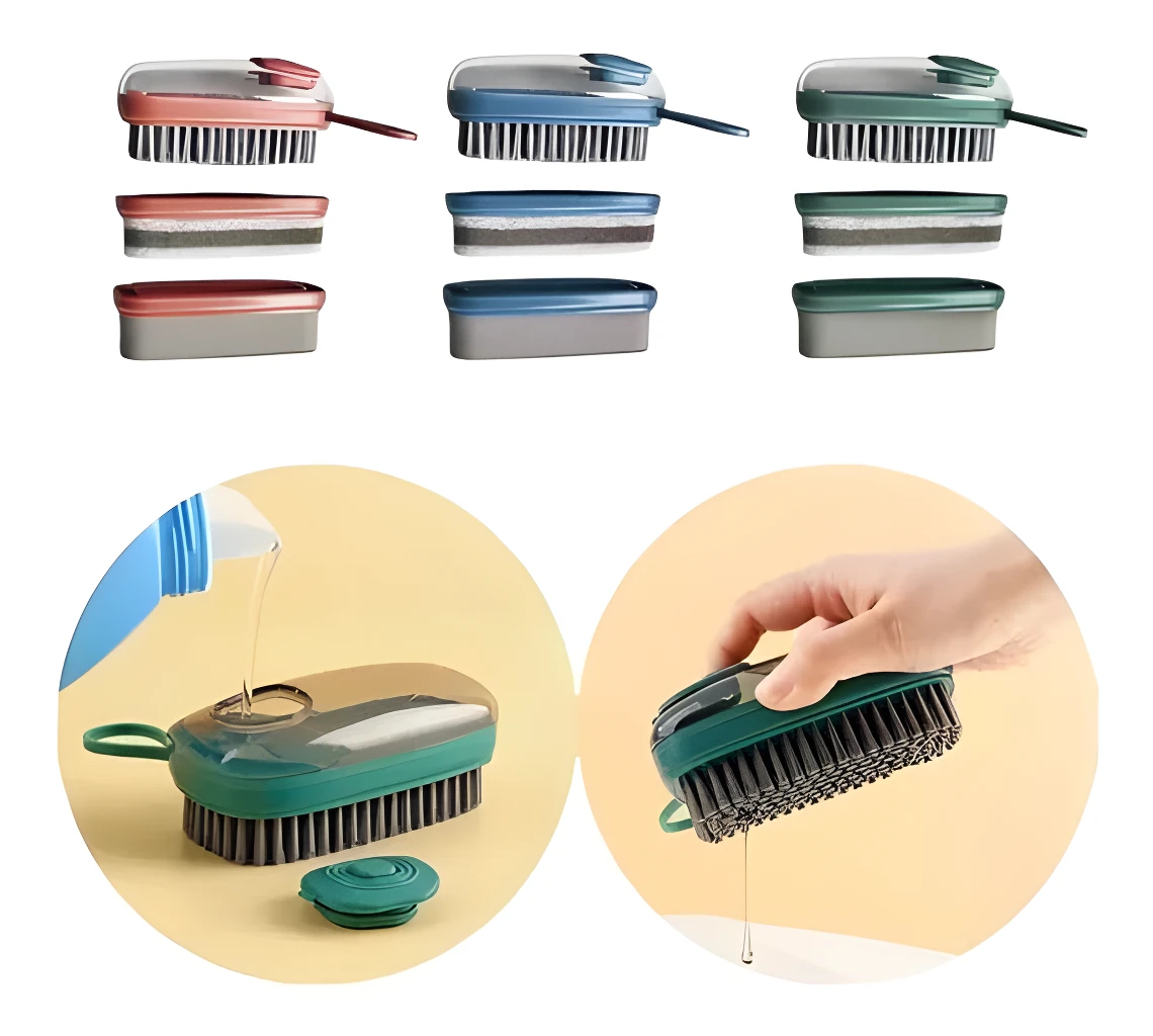 Cepillo dispensador de jabón con depósito recargable en color verde.