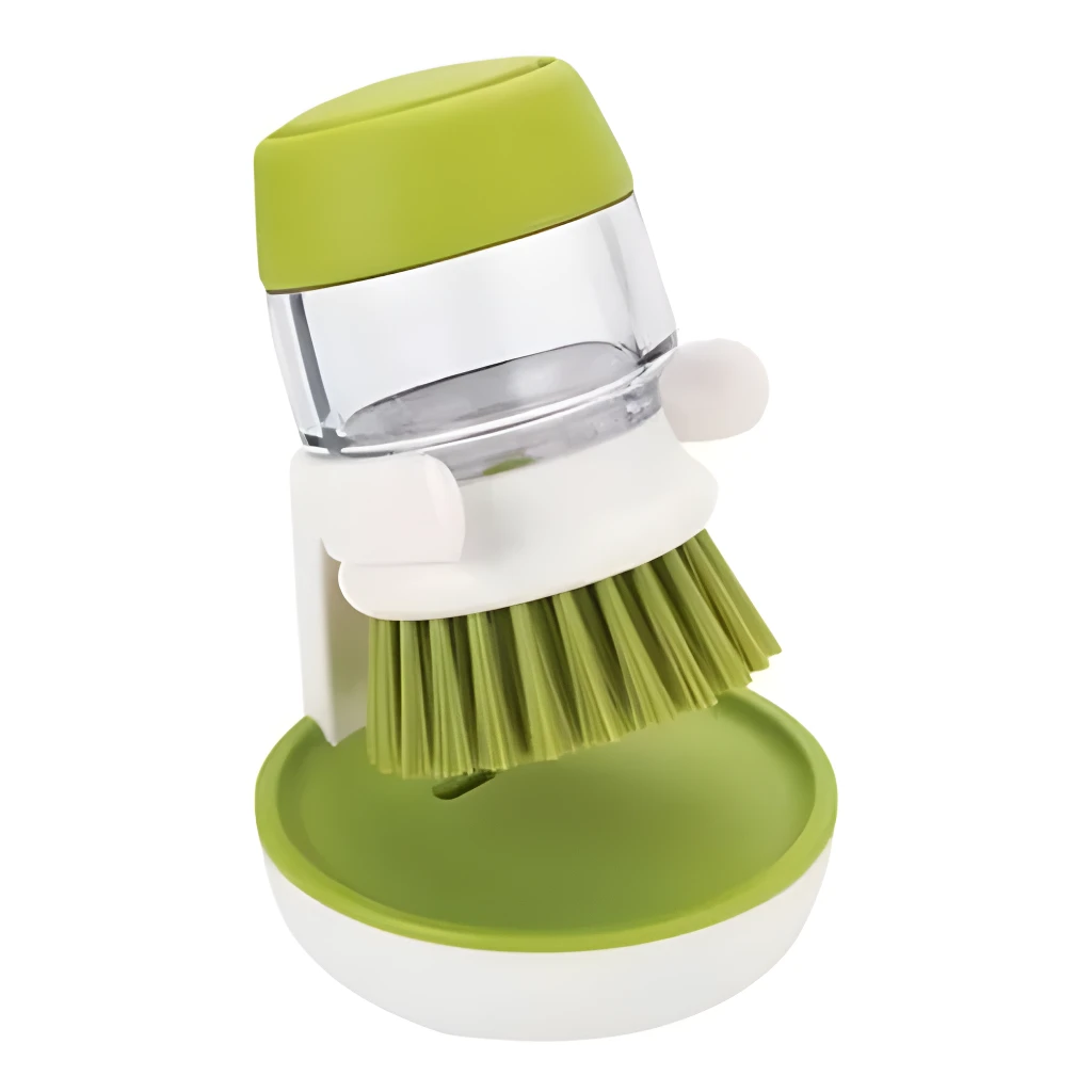Cepillo dispensador de jabón para lavaplatos, verde con cerdas y base blanca, para limpieza de utensilios.