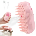 Cepillo rosa para mascotas con vapor, para uso en gatos. Incluye cables USB.