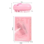Cepillo masajeador para mascotas rosa, con cerdas suaves y detalle de vapor. Incluye medidas.