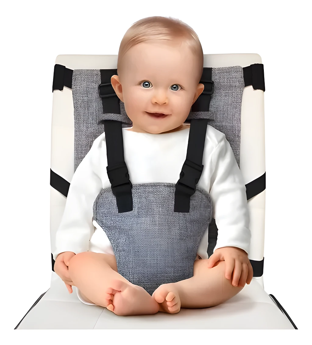 Bebé sonriente con arnés de seguridad gris para silla alta.
