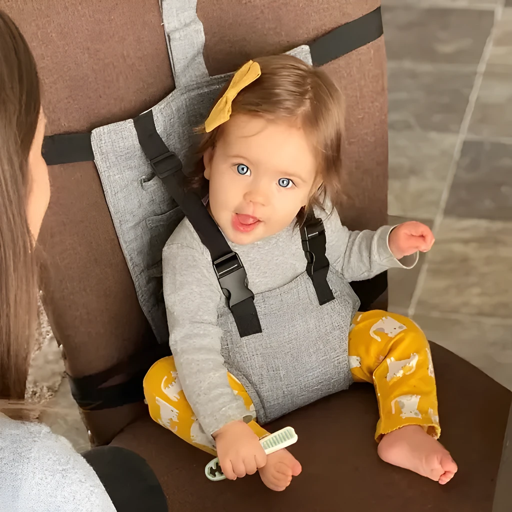 Niña en asiento con cinturón de seguridad gris y pantalón estampado de gatos amarillos.