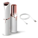 Depiladora facial Fawless blanca y dorada, con luz LED y cable USB de carga.