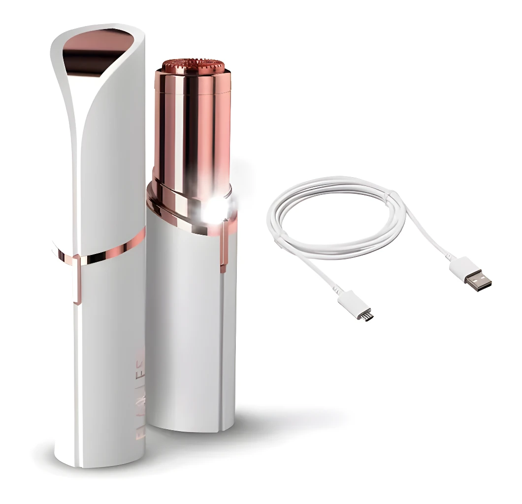 Depiladora facial Fawless blanca y dorada, con luz LED y cable USB de carga.
