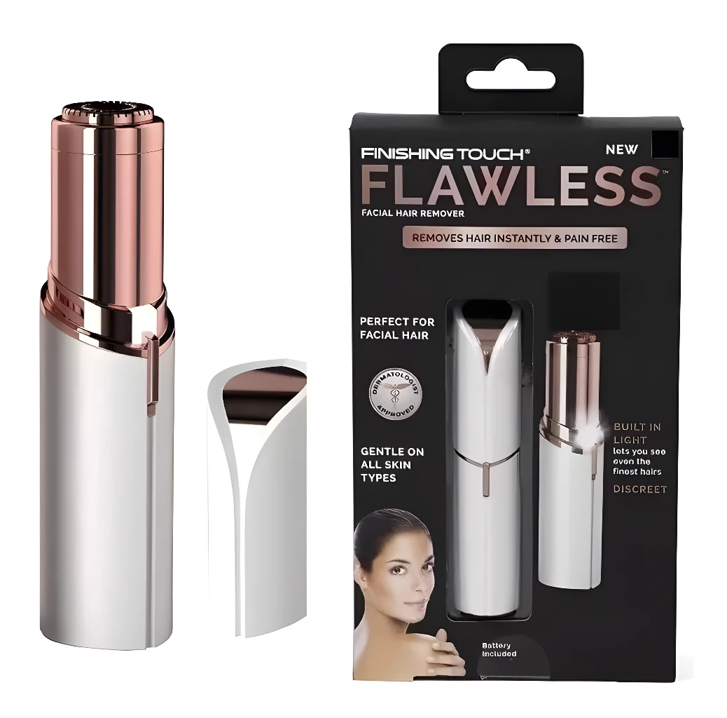 Depiladora facial Finishing Touch Flawless, plateada y oro rosa, con luz integrada, para eliminación de vello indolora.