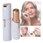 Depiladora facial Fawless blanca y dorada, para retoques de vello, en uso y de producto.