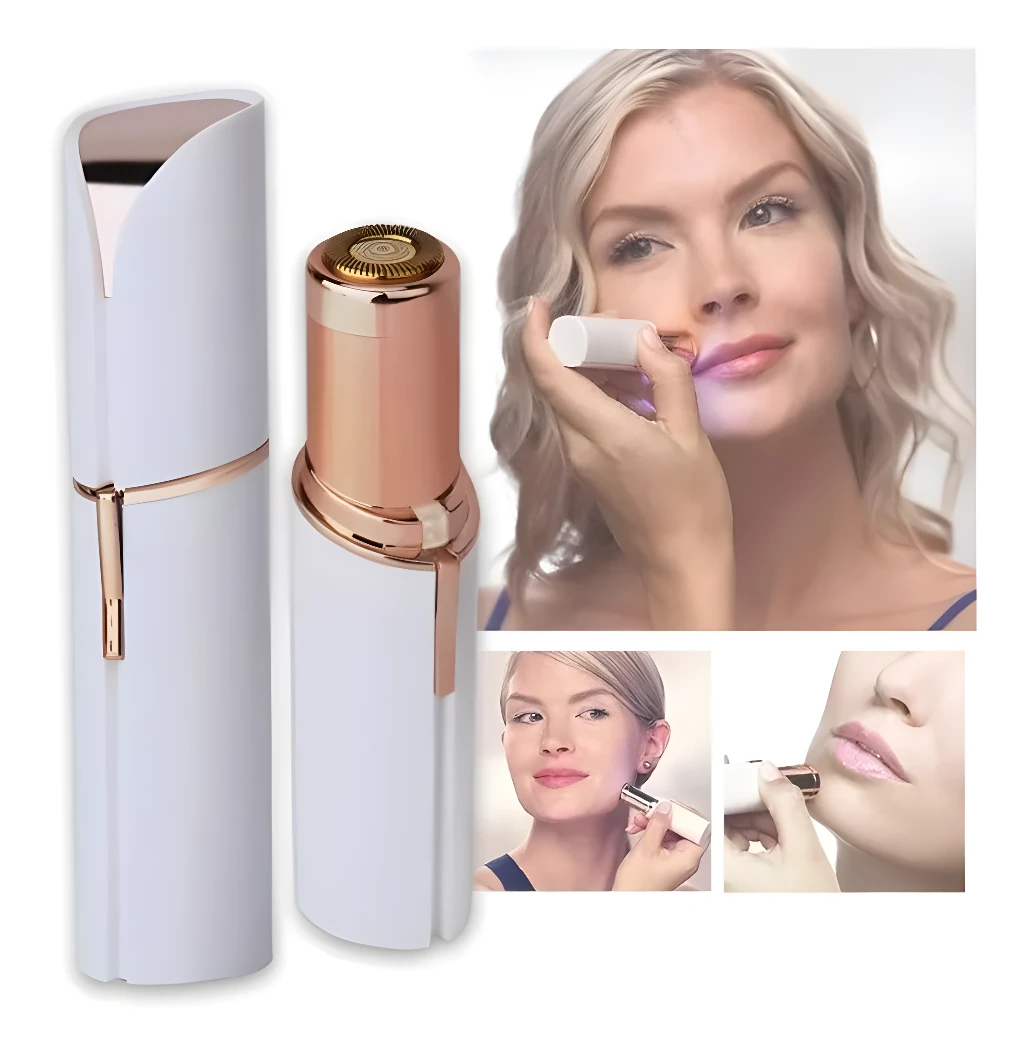 Depiladora facial Fawless blanca y dorada, para retoques de vello, en uso y de producto.