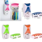 Set de dispensador y soporte para cepillos de dientes. Rosa, azul, verde y naranja.