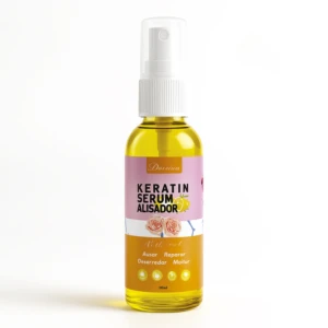 Serum de keratina alisador Divinas 60ml, en frasco transparente con atomizador, líquido amarillo y etiqueta rosa con detalles florales.
