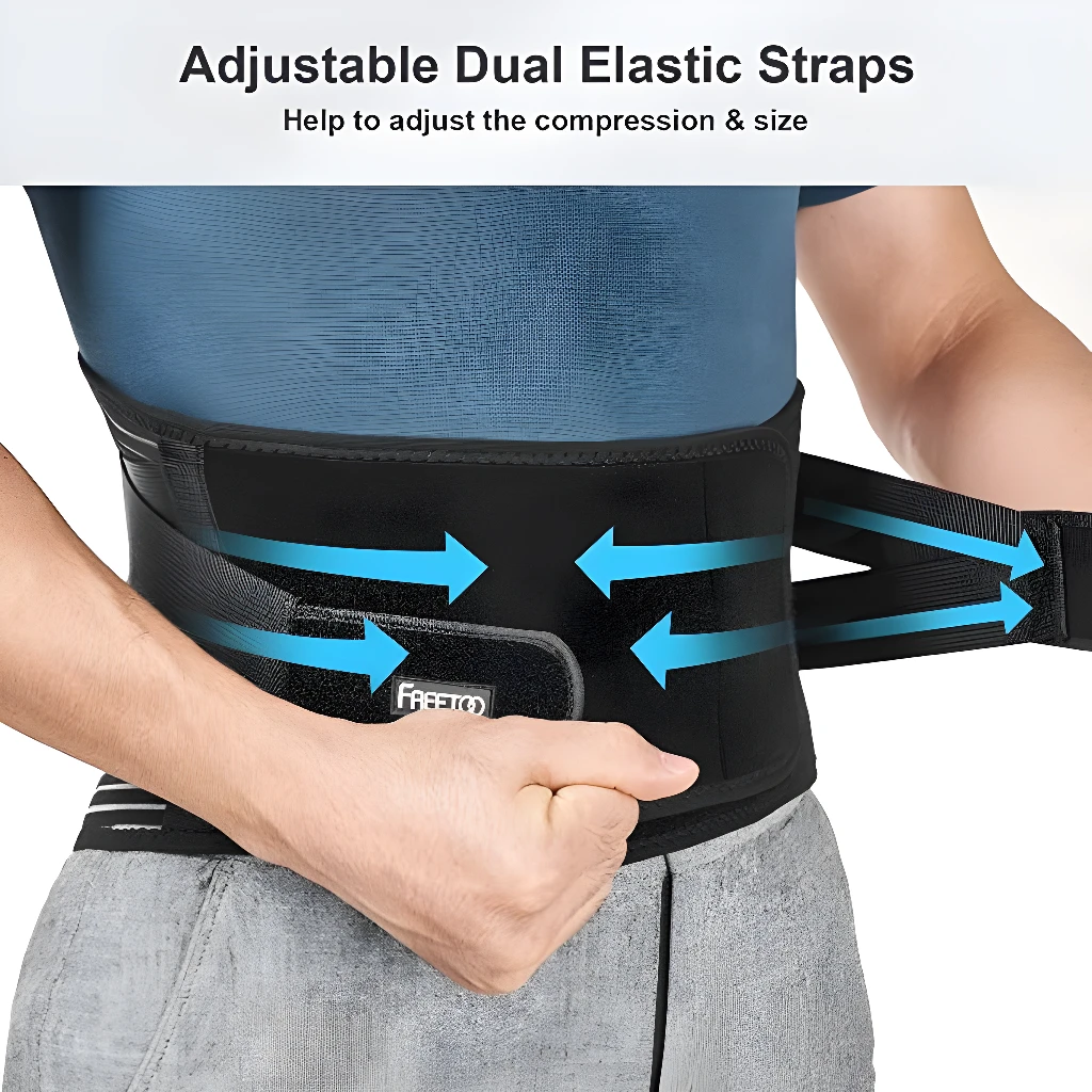 Faja ortopédica negra de neopreno con correas elásticas ajustables para soporte lumbar.