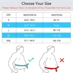 Tabla de tallas de faja ortopédica para columna vertebral, con medidas de cintura en pulgadas y centímetros, y diagramas de uso correcto e incorrecto.