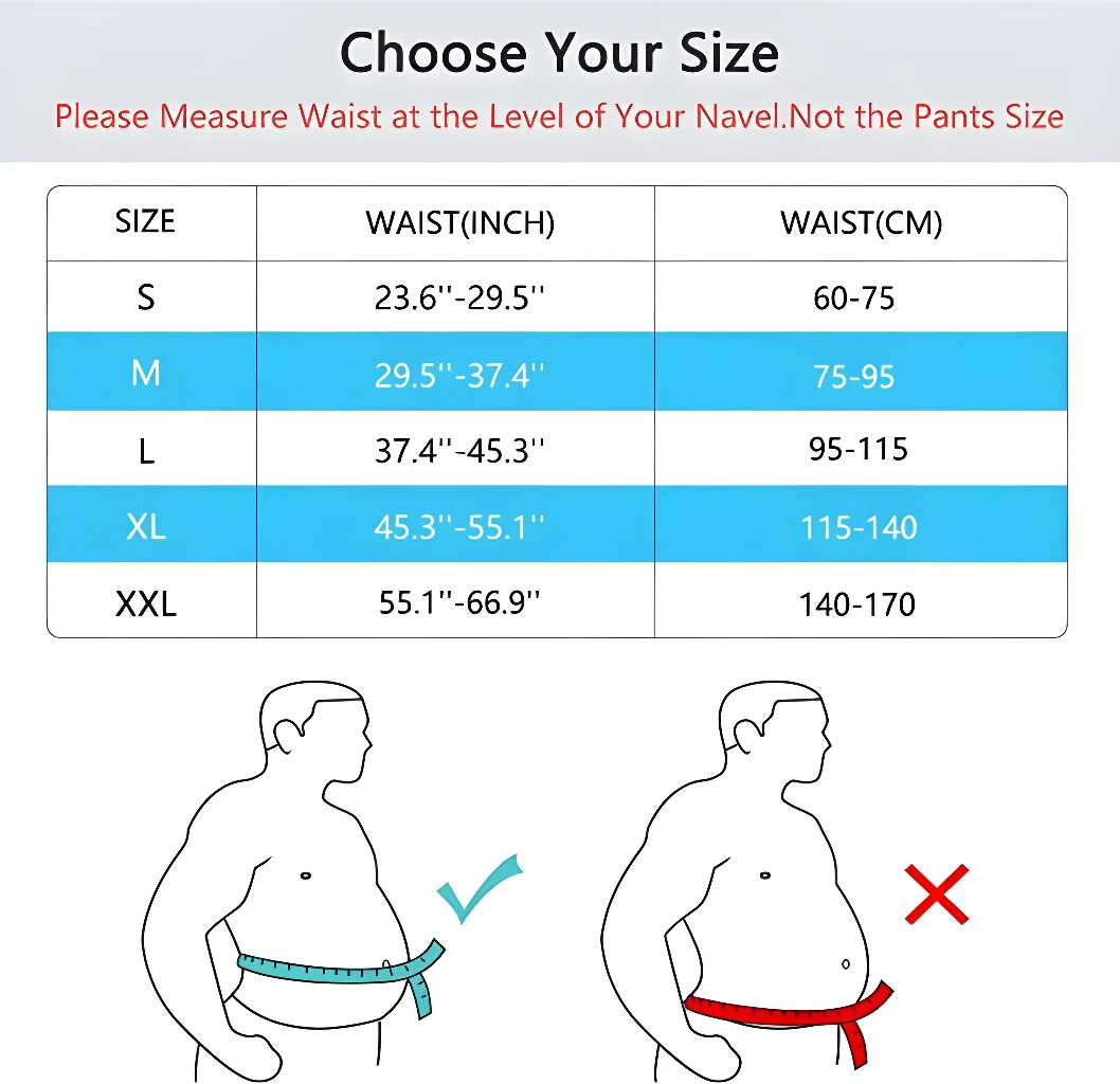 Tabla de tallas de faja ortopédica para columna vertebral, con medidas de cintura en pulgadas y centímetros, y diagramas de uso correcto e incorrecto.
