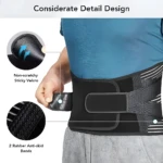 Faja ortopédica negra con velcro anti-rayado y bandas antiderrapantes de goma para soporte lumbar.