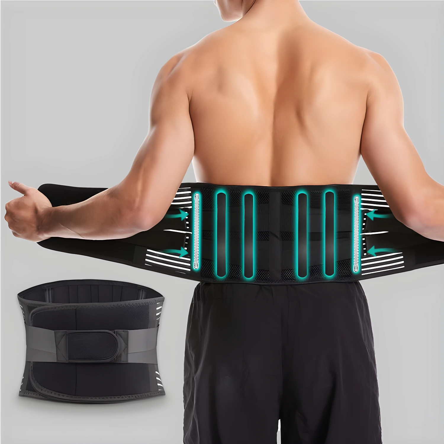 Faja ortopédica lumbar negra, con soporte ajustable y detalles de ventilación, vista posterior.