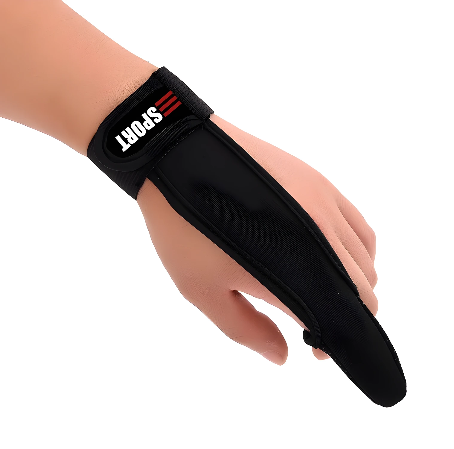 Guante protector de pesca negro para dedos, con banda ajustable y logo "SPORT".